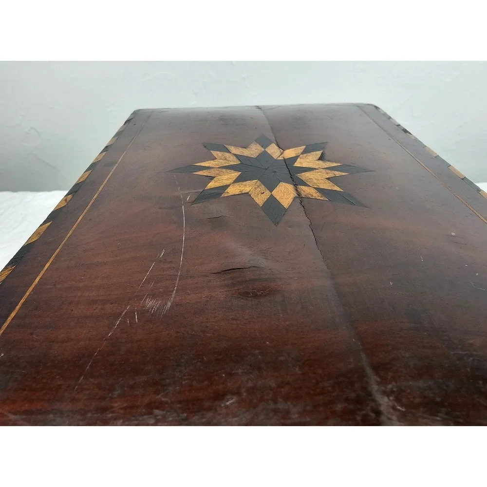 Antique Wooden Keepsake Box‎ Star Inlay Jewelry Trinket Storage Chest 1900s